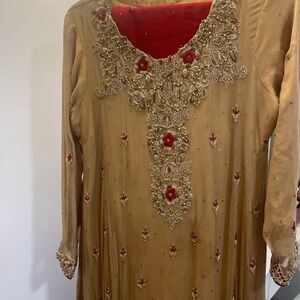 Beige Dress with Red Embroidery